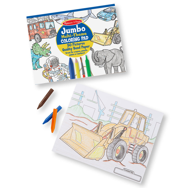 An assembled or decorated The Melissa & Doug Jumbo 50-Page Kids' Coloring Pad - Space, Sharks, Sports, and More