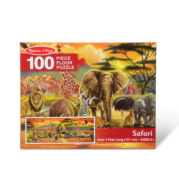 The front of the box for The Melissa & Doug African Plains Safari Jumbo Jigsaw Floor Puzzle (100 pcs, over 4 feet long)