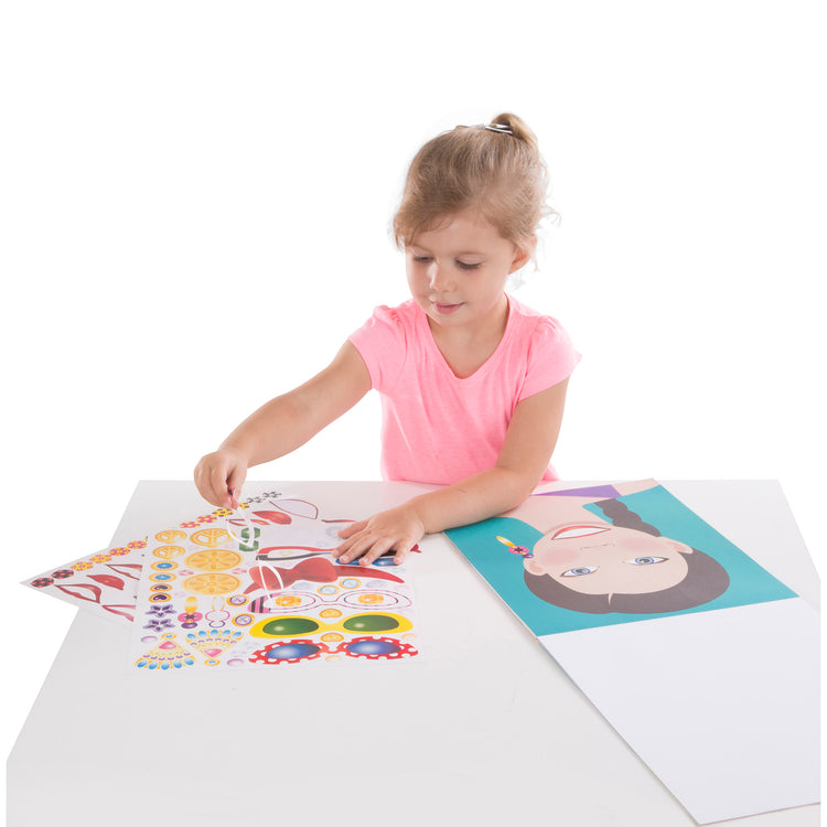 A child on white background with The Melissa & Doug Make-a-Face Sticker Pad - Fashion Faces, 20 Faces, 5 Sticker Sheets