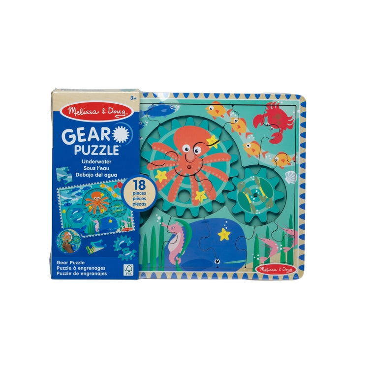 The front of the box for The Melissa & Doug Wooden Underwater Jigsaw Spinning Gear Puzzle – 18 Pieces