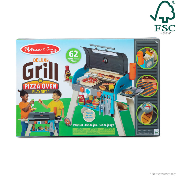 The front of the box for The Melissa & Doug Wooden Deluxe Barbecue Grill, Smoker and Pizza Oven Play Food Toy for Pretend Play Cooking for Kids