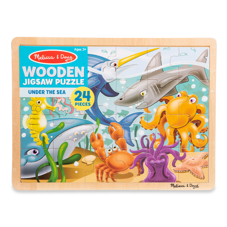 The front of the box for The Melissa & Doug Under the Sea Ocean Animals Wooden Jigsaw Puzzle With Storage Tray (24 pcs)