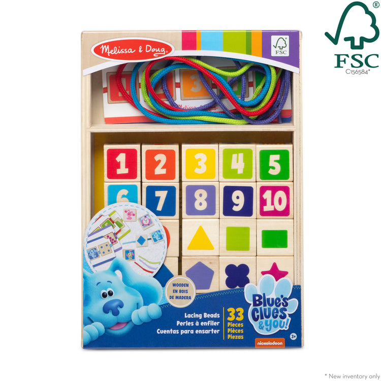 The front of the box for The Melissa & Doug Blue’s Clues & You! Wooden Lacing Beads - 25 Beads, 4 Cords