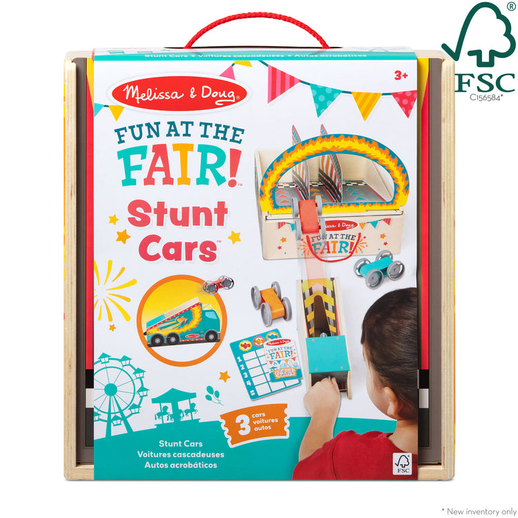 The front of the box for The Melissa & Doug Fun at the Fair! Wooden Ring of Fire Stunt Jumper Cars Game