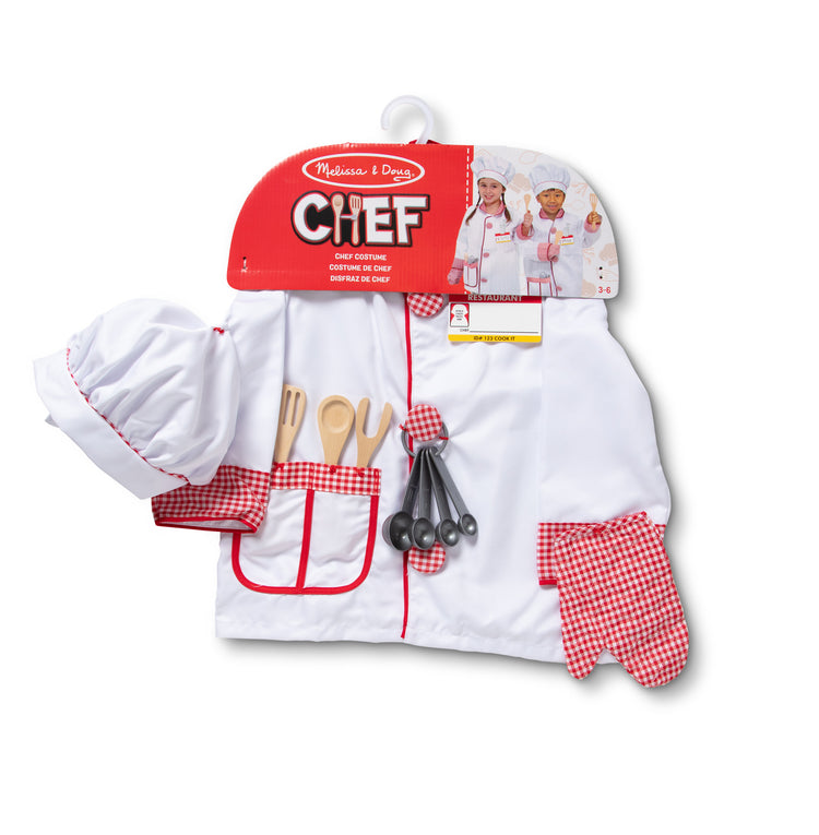 The front of the box for The Melissa & Doug Chef Role Play Costume Dress -Up Set With Realistic Accessories