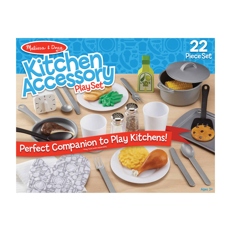 The front of the box for The Melissa & Doug 22-Piece Play Kitchen Accessories Set - Utensils, Pot, Pans, and More