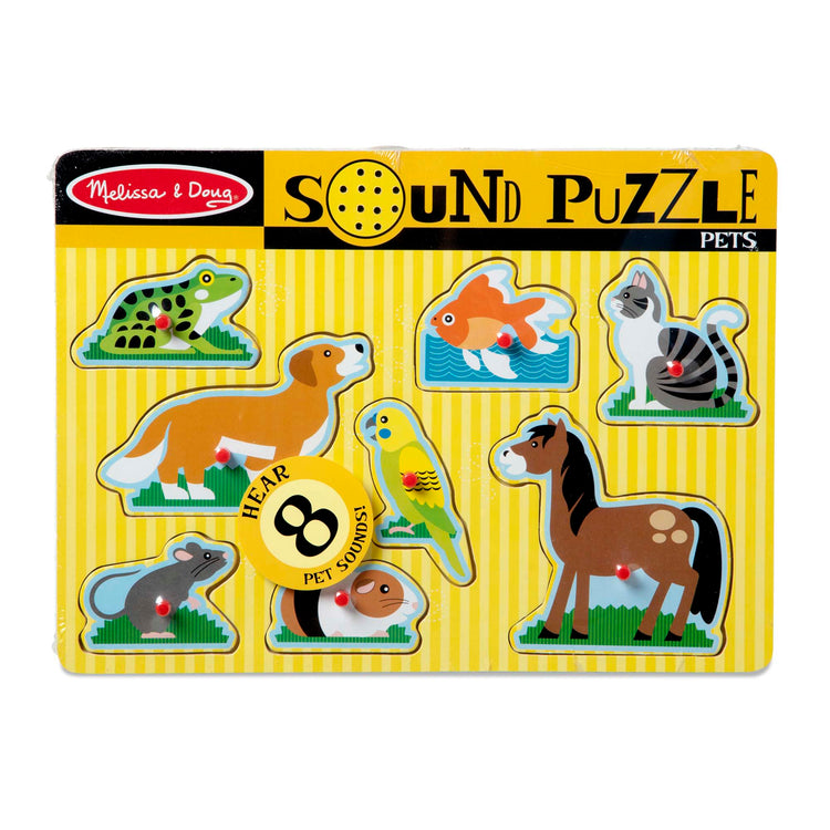 The front of the box for The Melissa & Doug Pets Sound Puzzle - Wooden Peg Puzzle With Sound Effects (8 pcs)