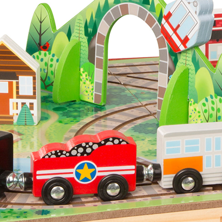  The Melissa & Doug 17-Piece Wooden Take-Along Tabletop Railroad, 3 Trains, Truck, Play Pieces, Bridge