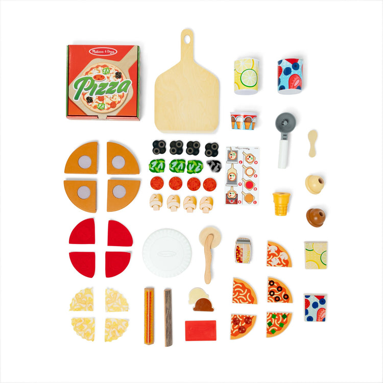 The loose pieces of The Melissa & Doug Wooden Pizza Food Truck Activity Center with Play Food, for Boys and Girls 3+