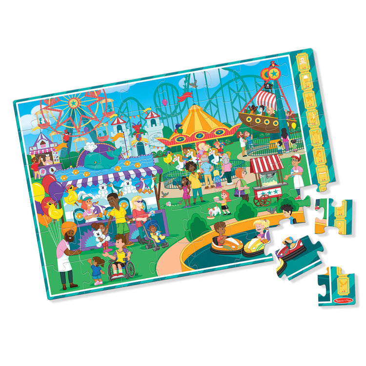 The loose pieces of The Melissa & Doug Fun at the Fair! Cardboard Jigsaw Search & Find Floor Puzzle – 48 Pieces