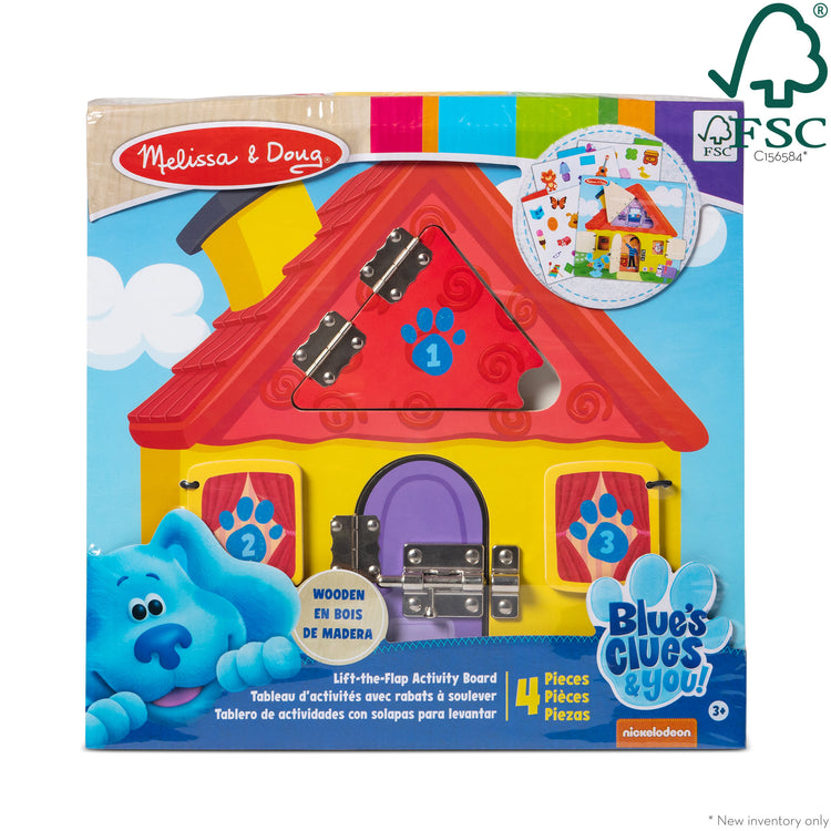The front of the box for The Melissa & Doug Blue’s Clues & You! Wooden Activity Board with Clue Cards