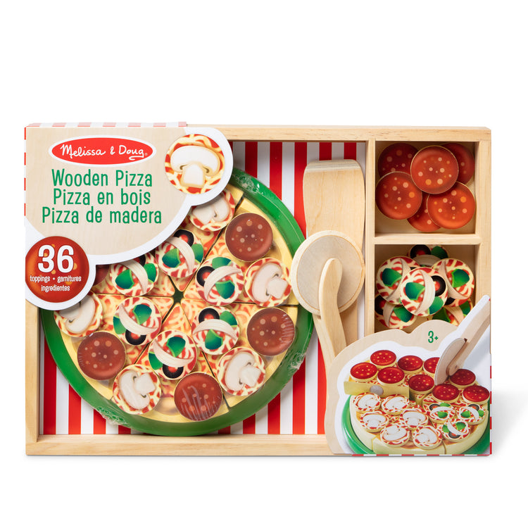 The front of the box for The Melissa & Doug Wooden Pizza Party Play Food Set With 36 Toppings