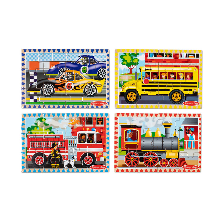 The loose pieces of The Melissa & Doug Vehicles 4-in-1 Wooden Jigsaw Puzzles in a Storage Box (48 pcs)