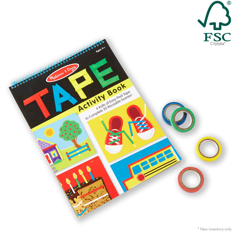 The loose pieces of The Melissa & Doug Tape Activity Book: 4 Rolls of Easy-Tear Tape and 20 Reusable Scenes