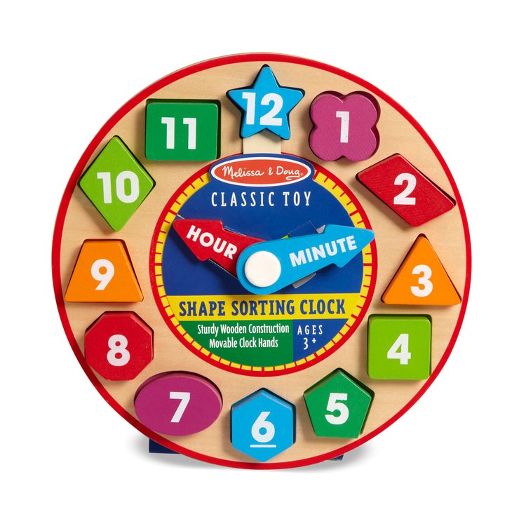 The front of the box for The Melissa & Doug Shape Sorting Clock - Wooden Educational Toy