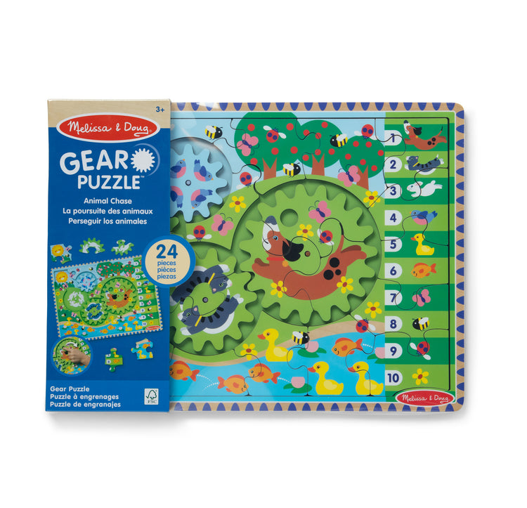 The front of the box for The Melissa & Doug Wooden Animal Chase Jigsaw Spinning Gear Puzzle – 24 Pieces