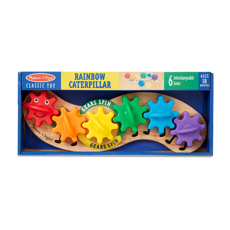 The front of the box for The Melissa & Doug Wooden Rainbow Caterpillar Gears Toddler Toy With 6 Interchangeable Gears