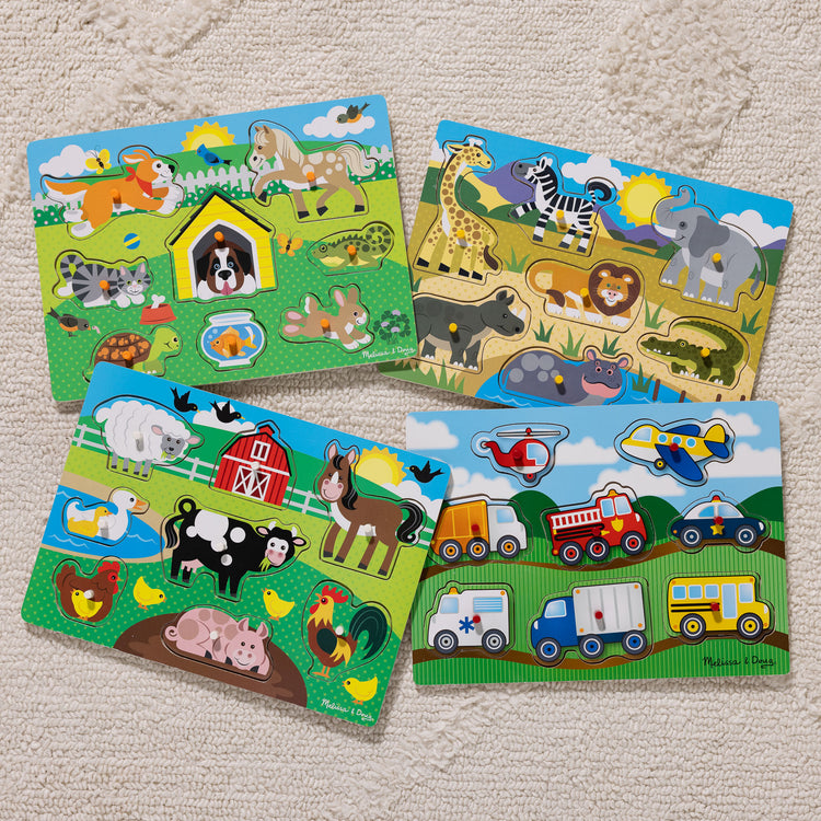 A playroom scene with The Melissa & Doug Wooden Peg Puzzle 4-Pack for Toddler and Preschool Boys and Girls – Vehicles, Farm, Safari, Pets
