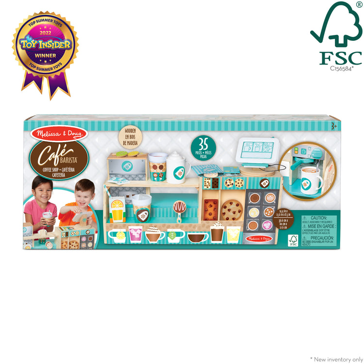 The front of the box for The Melissa & Doug Wooden Café Barista Coffee Shop (35 Pieces)
