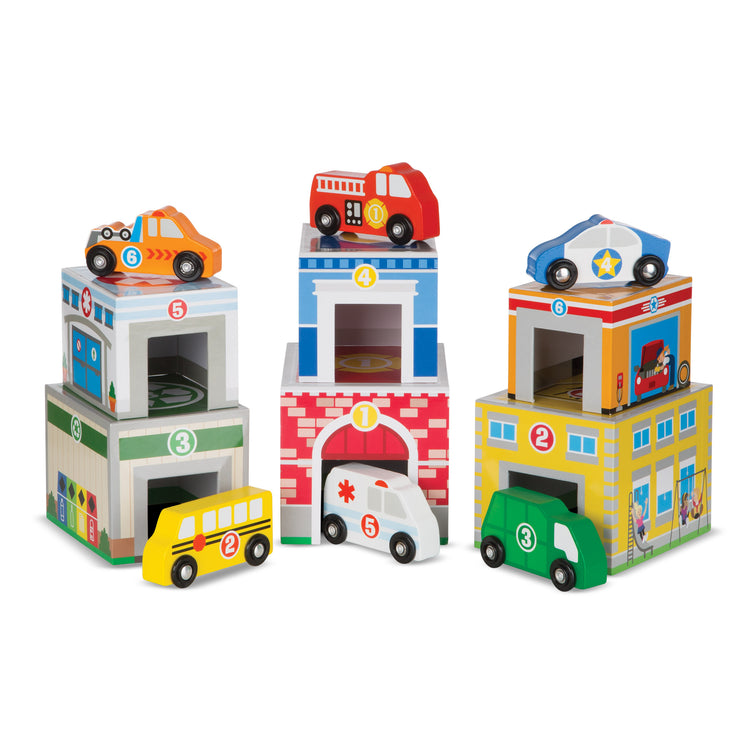 The loose pieces of The Melissa & Doug Nesting and Sorting Blocks - 6 Buildings, 6 Wooden Vehicles