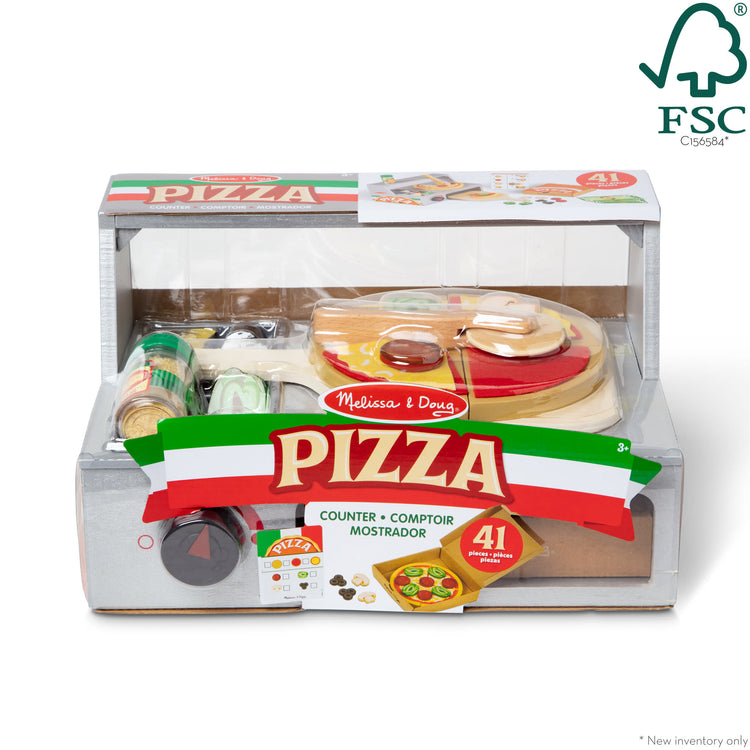 The front of the box for The Melissa & Doug Top & Bake Wooden Pizza Counter Play Set (41 Pcs)