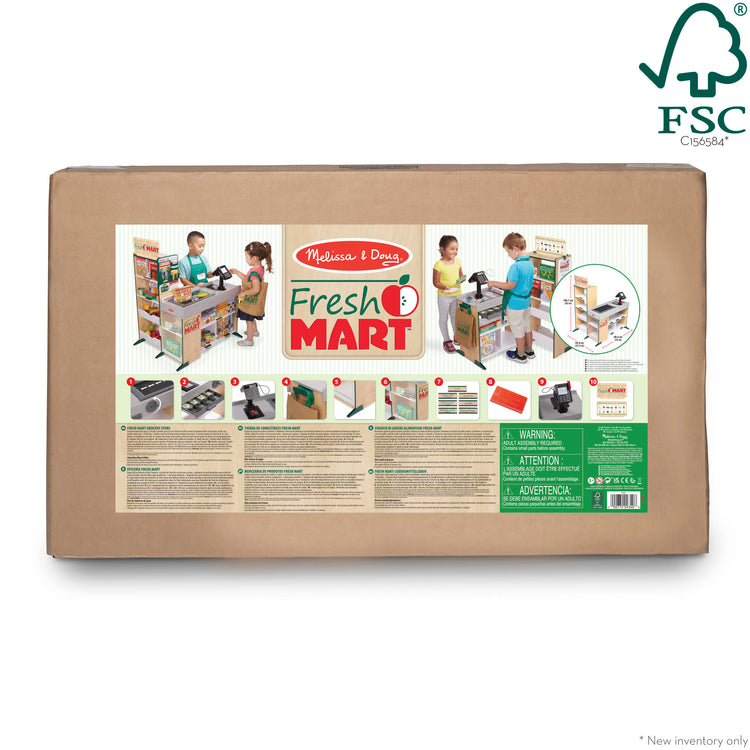 The front of the box for The Melissa & Doug Freestanding Wooden Fresh Mart Grocery Store