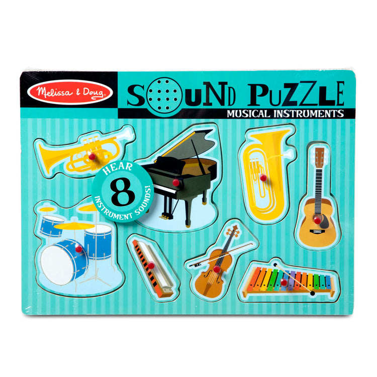 The front of the box for The Melissa & Doug Musical Instruments Sound Puzzle - Wooden Peg Puzzle (8 pcs)