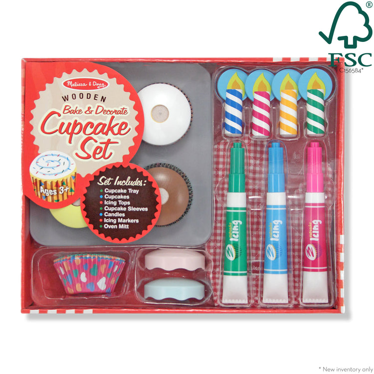 The front of the box for The Melissa & Doug Bake and Decorate Wooden Cupcake Play Food Set