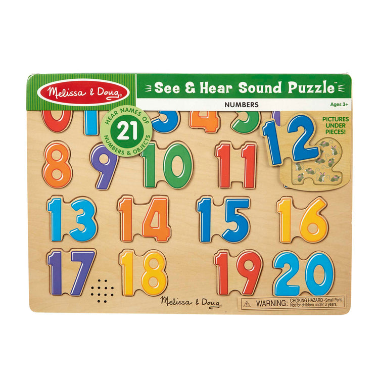 The front of the box for The Melissa & Doug Numbers Sound Puzzle - Wooden Puzzle With Sound Effects (21 pcs)