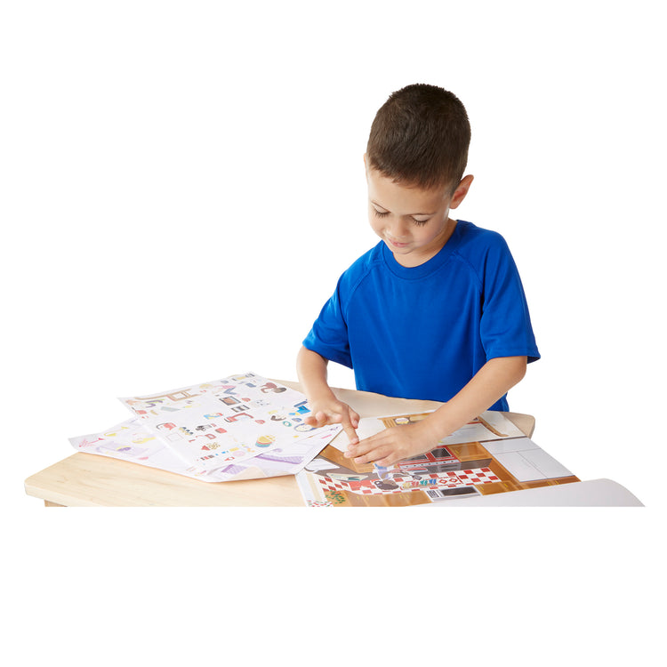A child on white background with The Melissa & Doug Reusable Sticker Pad Set: Play House - 175+ Reusable Stickers