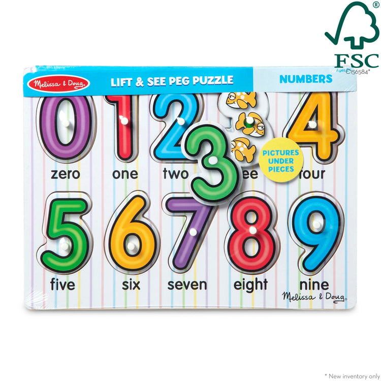 The front of the box for The Melissa & Doug Lift & See Numbers Wooden Peg Puzzle - 10 Pieces