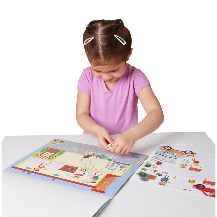 A child on white background with The Melissa & Doug Reusable Sticker Pad: My Town - 200+ Stickers and 5 Scenes