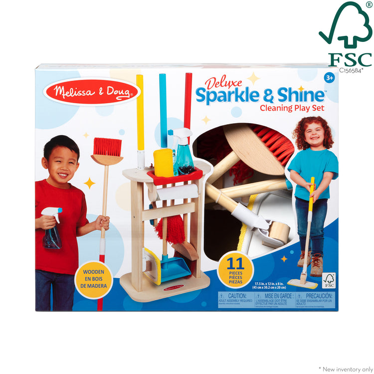 The front of the box for The Melissa & Doug Deluxe Sparkle & Shine Cleaning Play Set (11 Pieces)