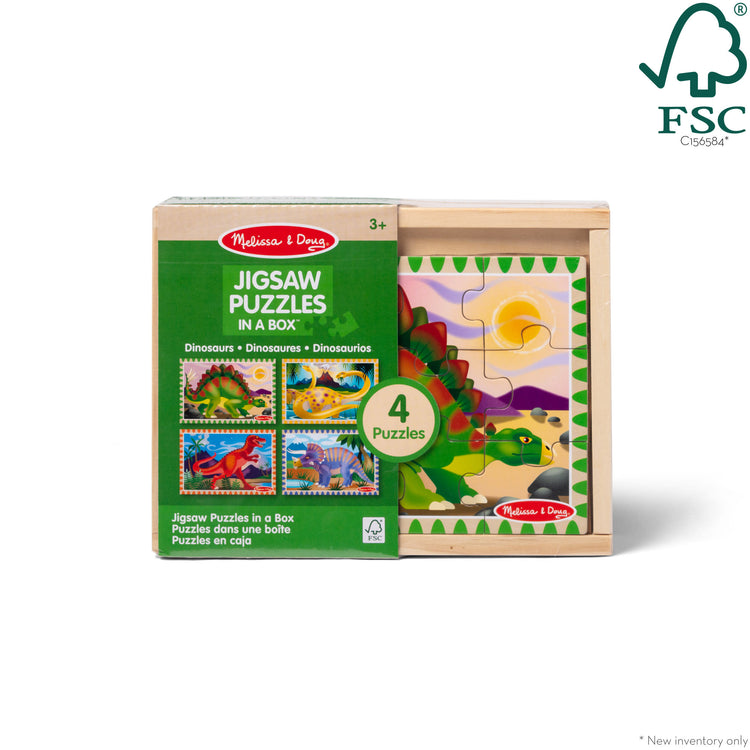 The front of the box for The Melissa & Doug Dinosaurs 4-in-1 Wooden Jigsaw Puzzles in a Storage Box (48 pcs)