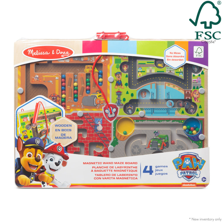 The front of the box for The Melissa & Doug PAW Patrol Wooden 4-in-1 Magnetic Wand Maze Board