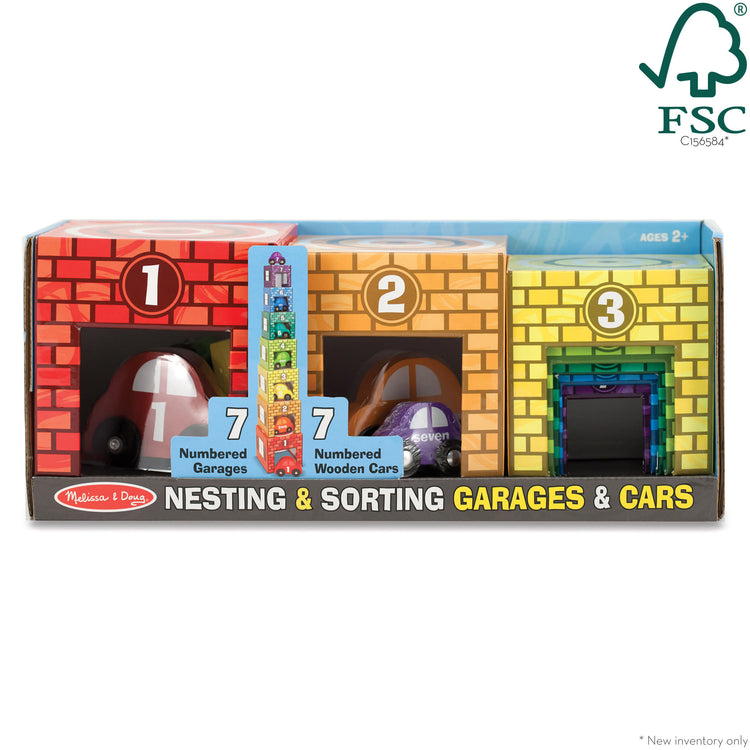 The front of the box for The Melissa & Doug Nesting and Sorting Garages and Cars With 7 Graduated Garages and 7 Stackable Wooden Cars