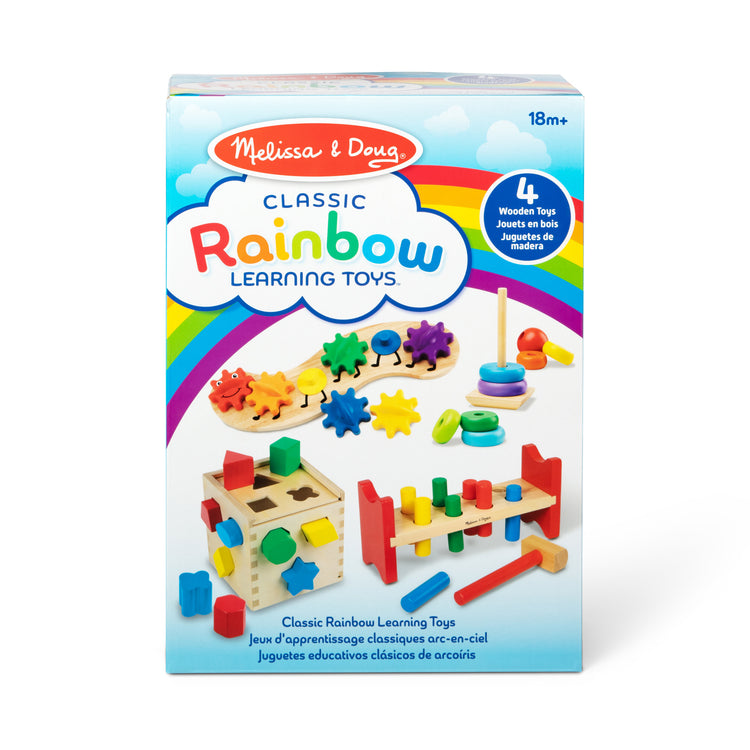 The front of the box for The Melissa & Doug 4 Wooden Classic Rainbow Learning Toys