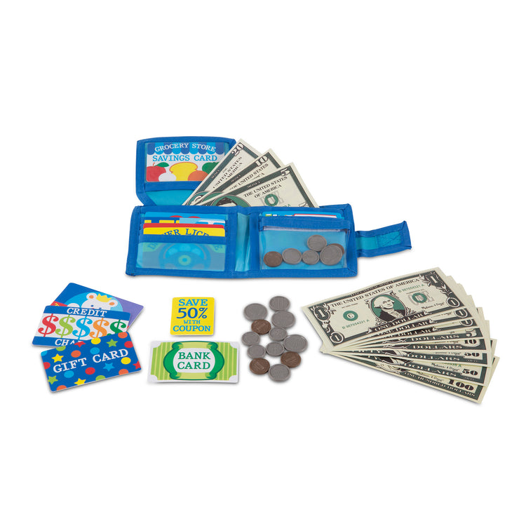 The loose pieces of The Melissa & Doug Pretend-to-Spend Toy Wallet With Play Money and Cards (45 pcs), Blue