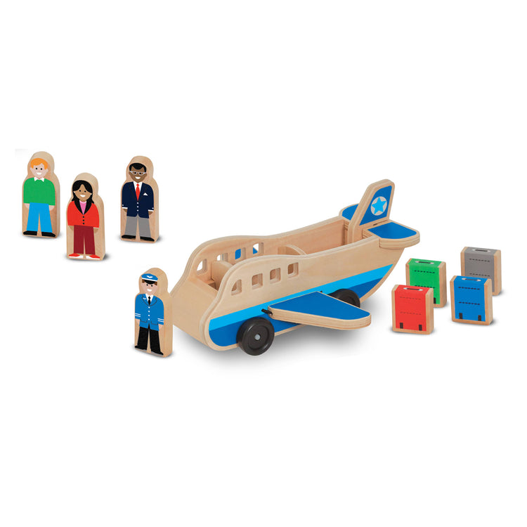 The loose pieces of the Melissa & Doug Wooden Airplane Play Set With 4 Play Figures and 4 Suitcases