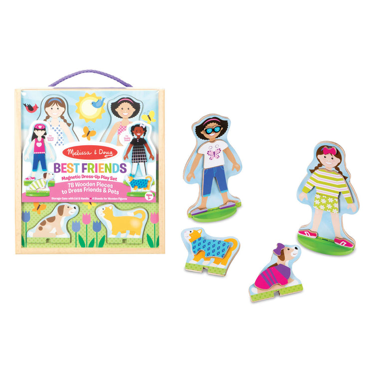 The loose pieces of the Melissa & Doug Best Friends Magnetic Dress-Up Wooden Dolls Pretend Play Set (78 pcs)