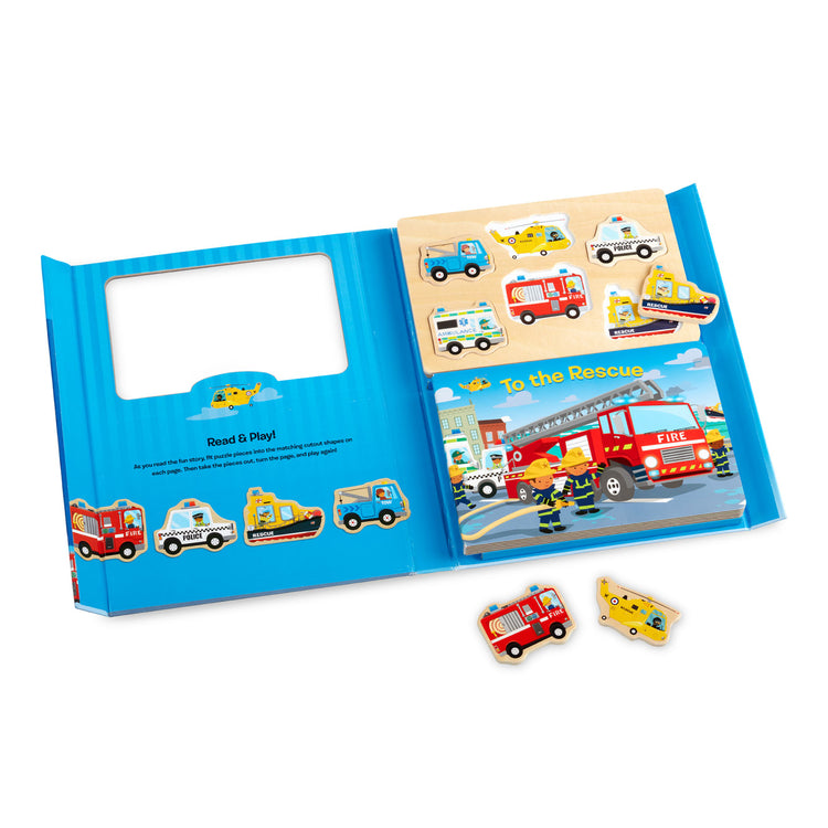 The loose pieces of the Melissa & Doug To the Rescue Book and Wooden 6-Piece Puzzle Play Set