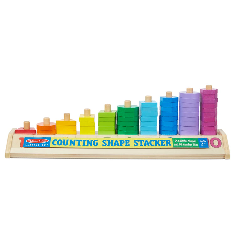 the Melissa & Doug Counting Shape Stacker - Wooden Educational Toy With 55 Shapes and 10 Number Tiles