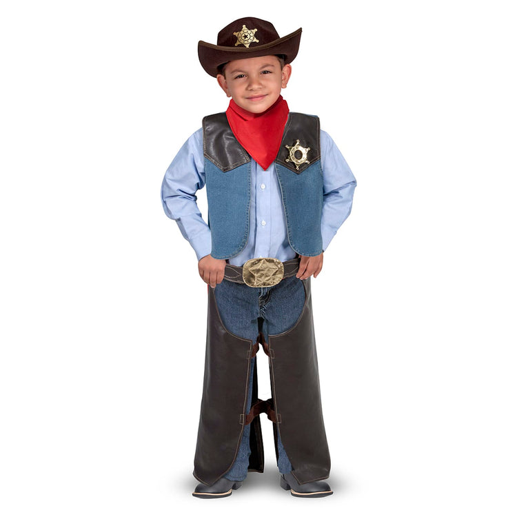 A child on white background with the Melissa & Doug Cowboy Role Play Costume Set (5 pcs) - Includes Faux Leather Chaps