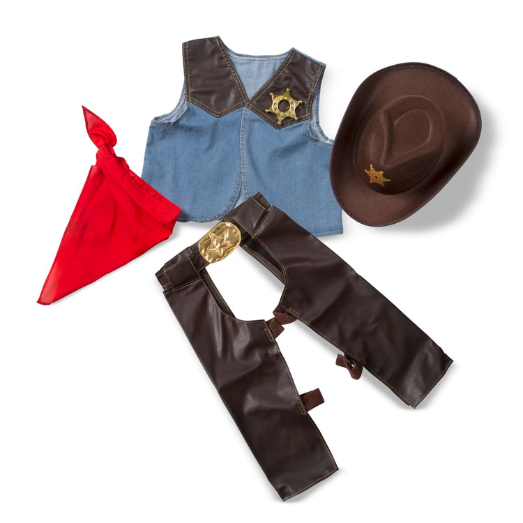The loose pieces of the Melissa & Doug Cowboy Role Play Costume Set (5 pcs) - Includes Faux Leather Chaps