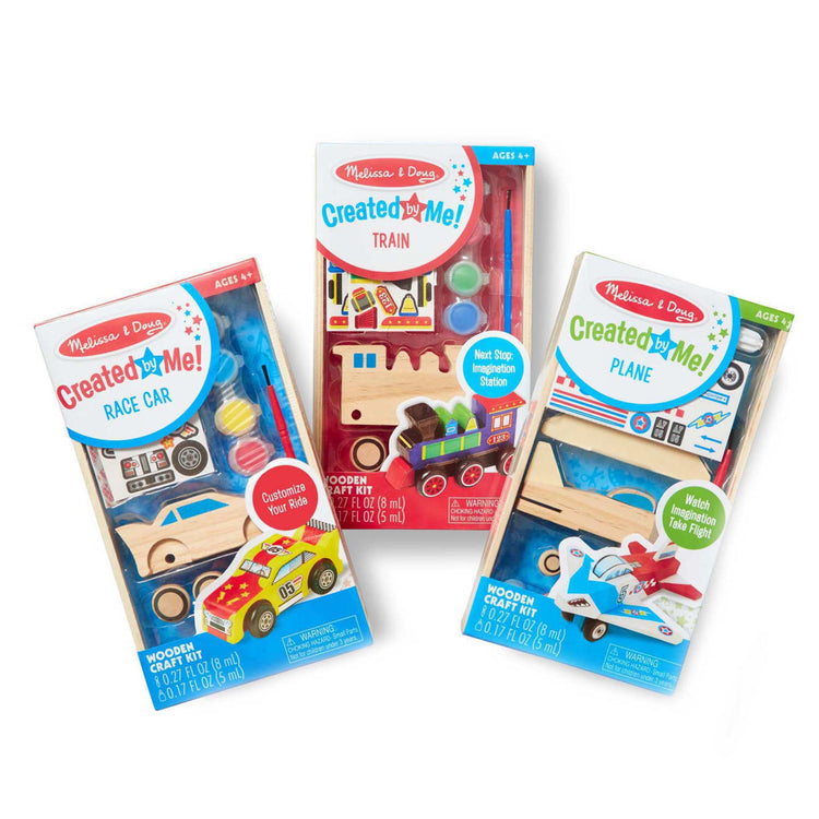 the Melissa & Doug Decorate-Your-Own Wooden Craft Kits 3-Pack - Plane, Train, and Race Car