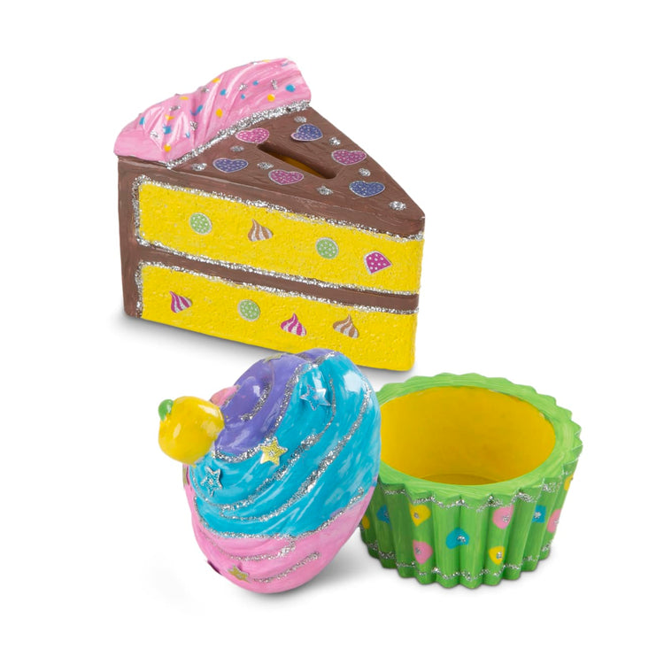 The front of the box for the Melissa & Doug Sweet Keepsakes Craft Kit: 2 Decorate-Your-Own Treasure Boxes and a Cake Bank