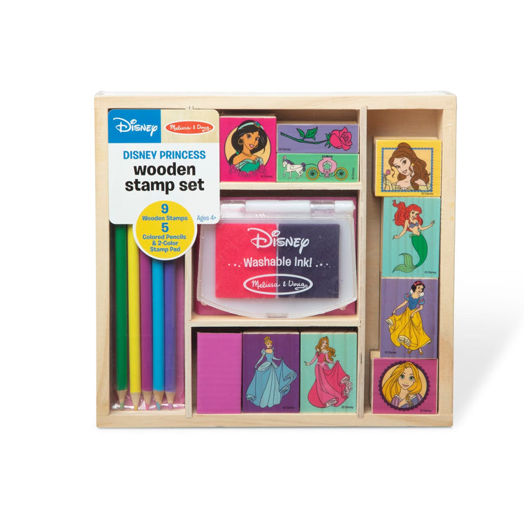 the Melissa & Doug Disney Princess Wooden Stamp Set: 9 Stamps, 5 Colored Pencils, and 2-Color Stamp Pad