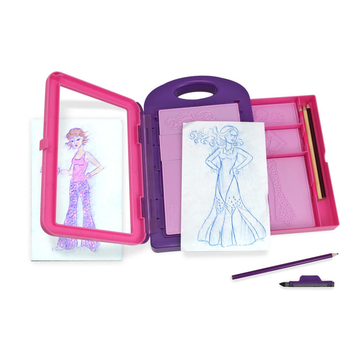 The loose pieces of the Melissa & Doug Fashion Design Art Activity Kit - 9 Double-Sided Rubbing Plates, 4 Pencils, Crayon
