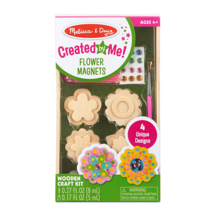 The front of the box for the Melissa & Doug Created by Me! Flower Wooden Magnets Craft Kit (4 Designs, 4 Paints, Stickers, Glitter Glue)