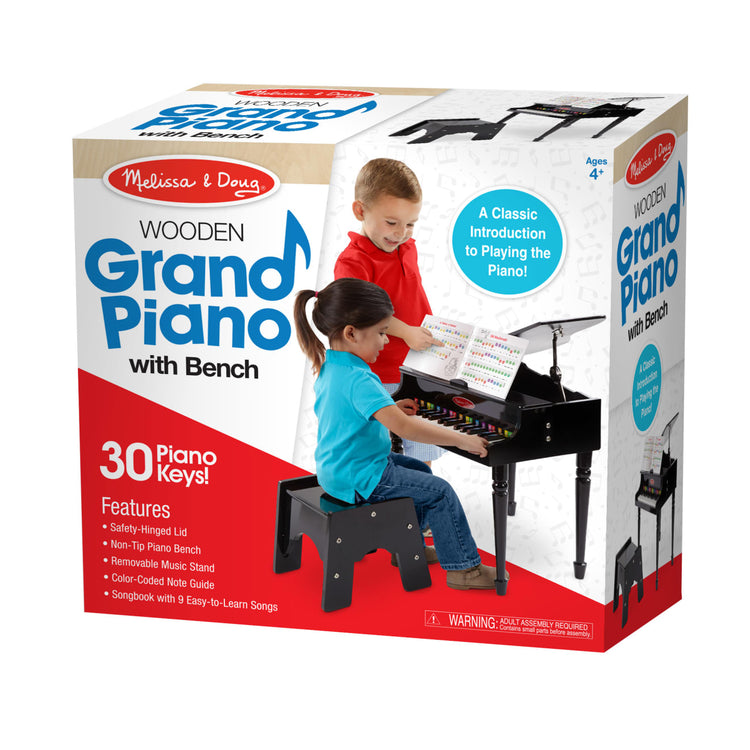 the Melissa & Doug Learn-To-Play Classic Grand Piano With 30 Keys, Color-Coded Songbook, and Non-Tip Bench